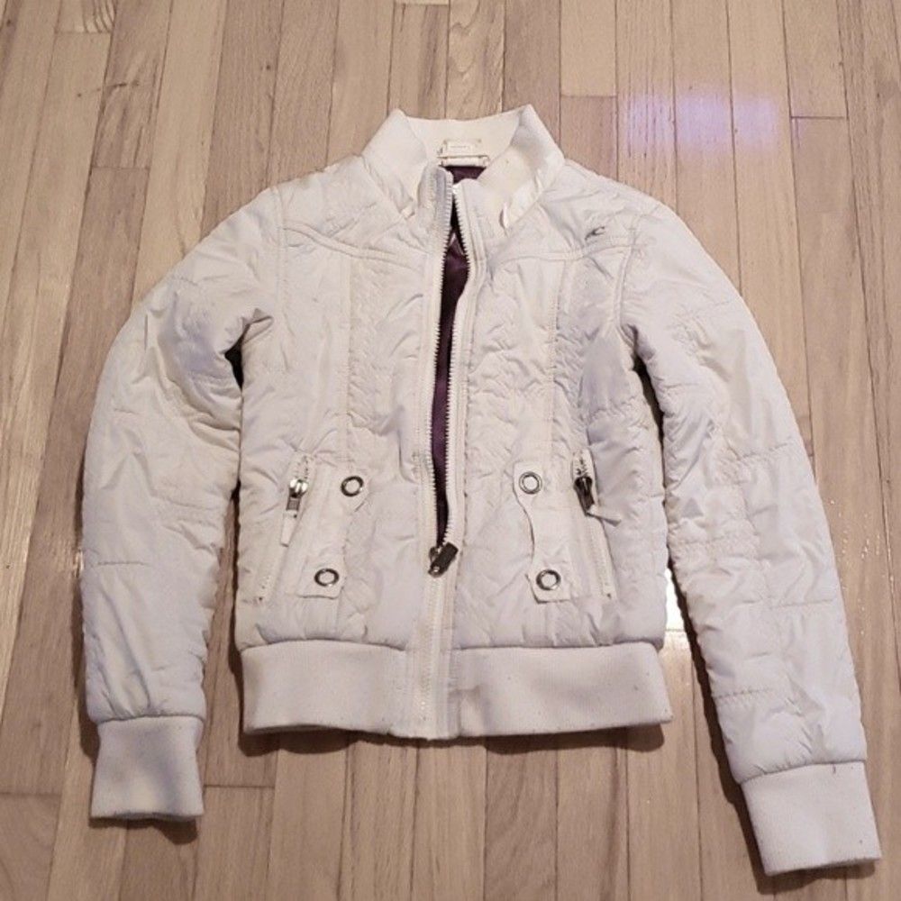#69 O'Neill White Full Zip Jacket Size S Long Sleeve 100% Polyester Collar
